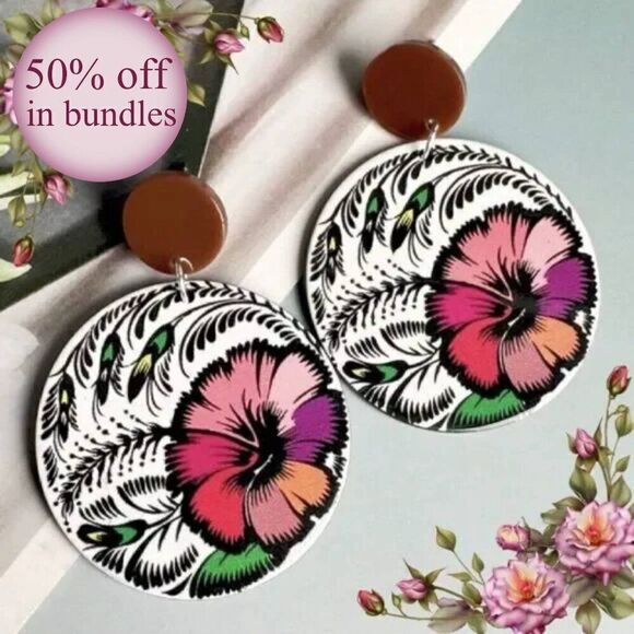 Bohemian Style Handmade Acrylic Tropical Flower Round Earrings - Picture 1 of 13